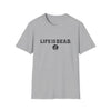 Two-sided print T-shirt in heather gray with "LIFE IS DEAD" text and small globe icon