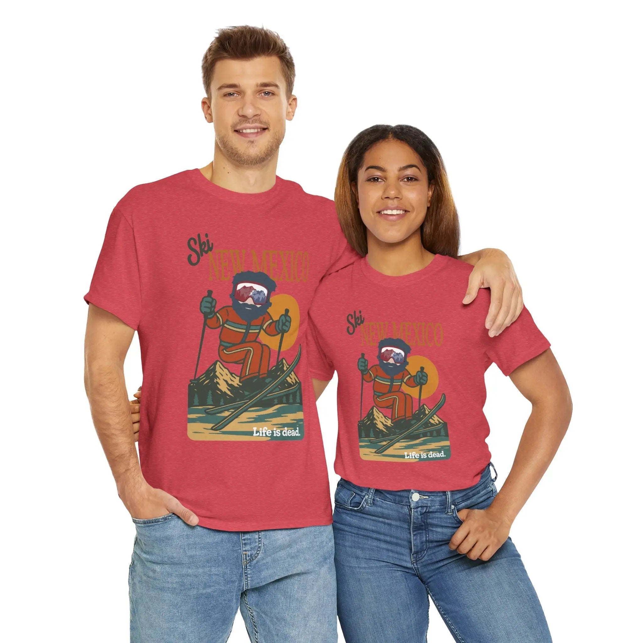 Heather red T-shirt with Ski New Mexico retro ski graphic on the chest