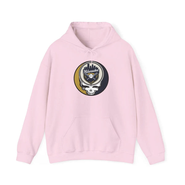Light pink hoodie with front pocket, drawstring hood, and Milwaukee logo patch