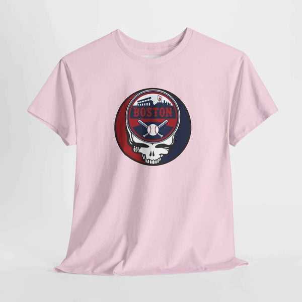 Light pink Boston Red Sox T-shirt with circular skull team logo graphic
