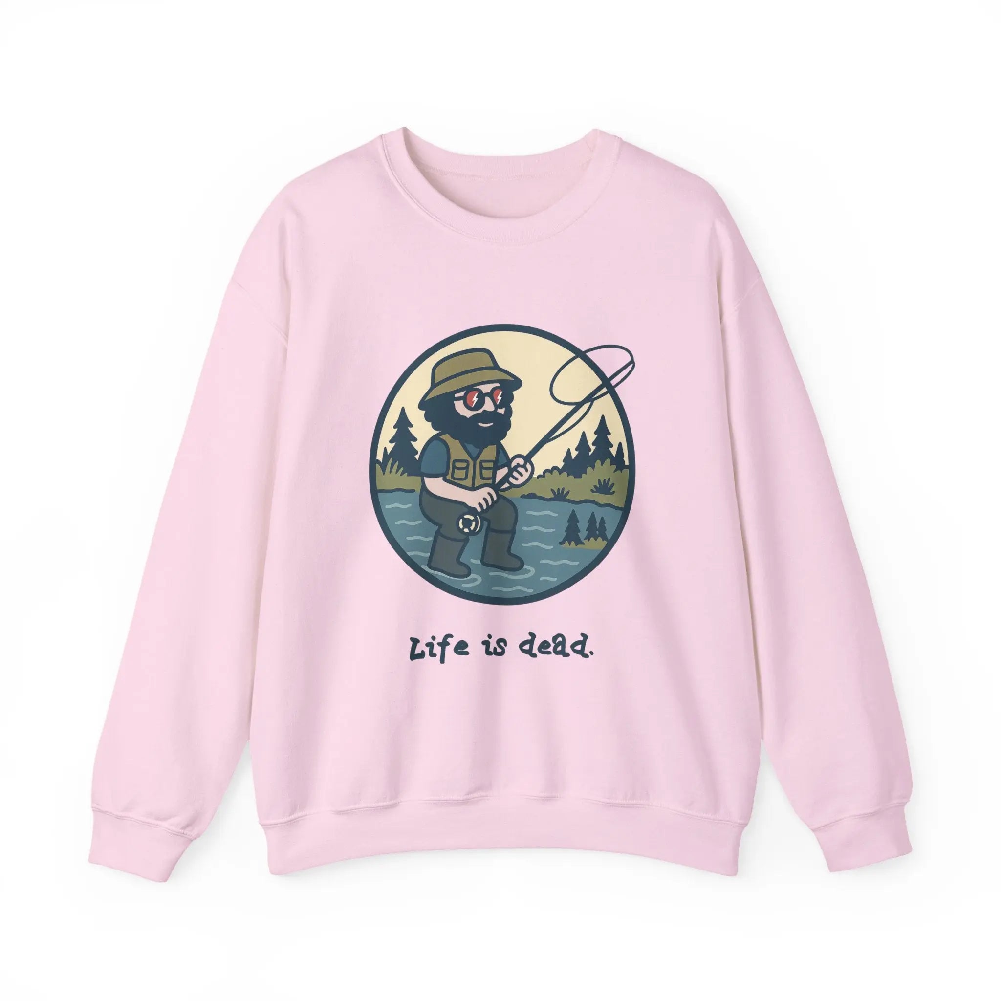 Light pink crewneck sweatshirt with round fishing character graphic and 'Life is dead.'