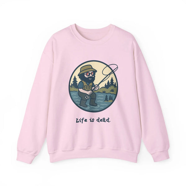 Light pink crewneck sweatshirt with round fishing character graphic and 'Life is dead.'
