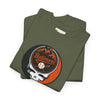 Military green graphic T-shirt, stacked pair, with Baltimore skull and baseball emblem