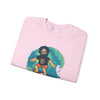 Light pink crewneck sweatshirt with surfing character graphic and Life is dead. text