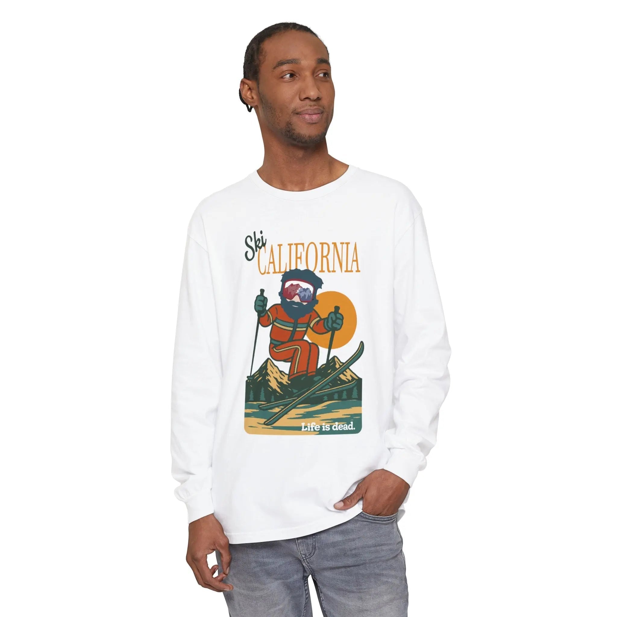 Garment-dyed long sleeve t-shirt with front illustrated graphic, white
