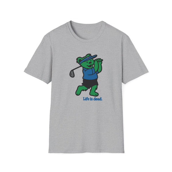 Heather grey graphic T-shirt with cartoon bear golfing and 'Life is dead.' print