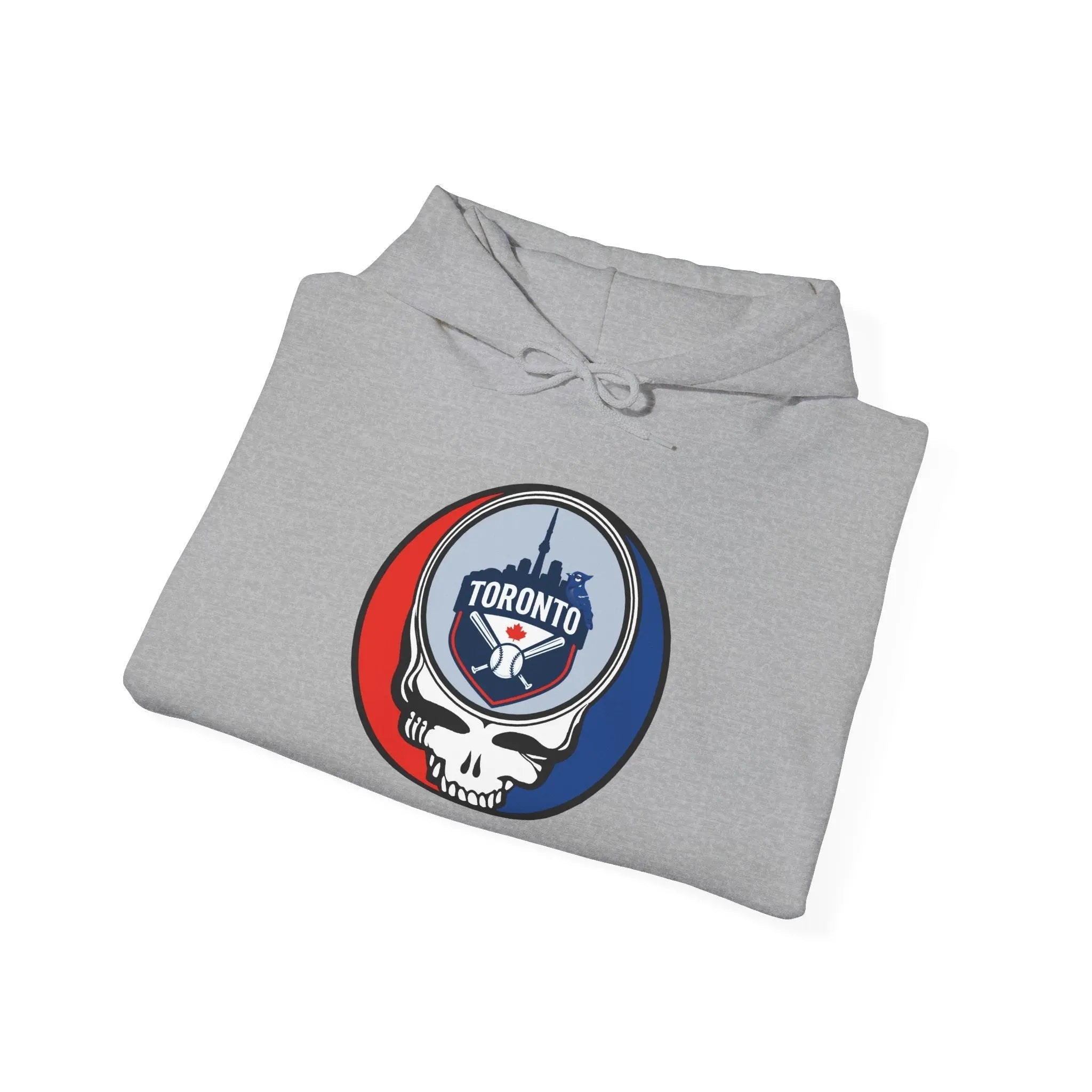 Light gray hoodie with stacked-fold look, drawstring hood, Toronto logo emblem