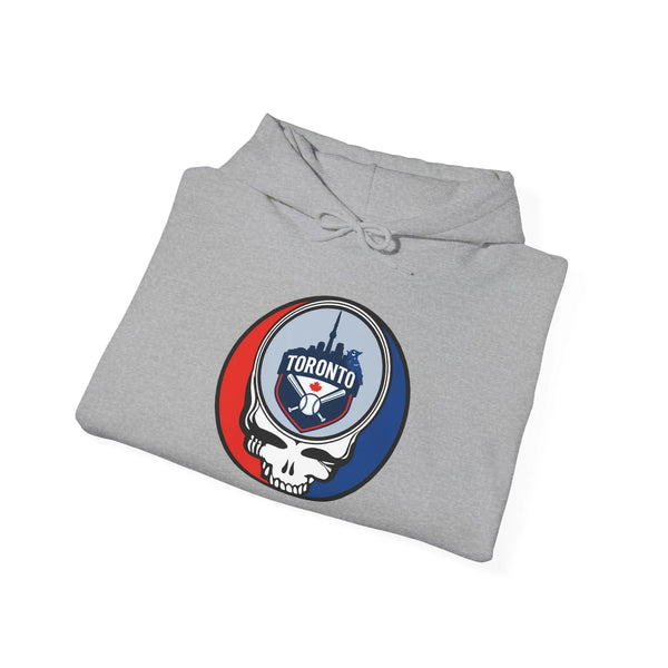 Light gray hoodie with stacked-fold look, drawstring hood, Toronto logo emblem