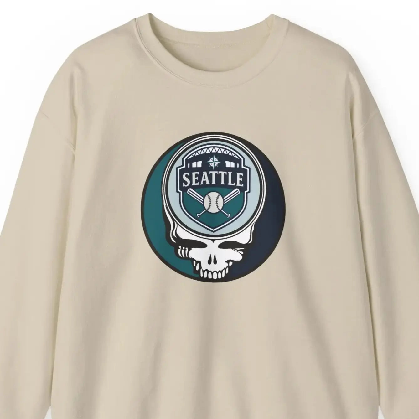 Light sand crewneck sweatshirt with Seattle Mariners graphic logo at chest