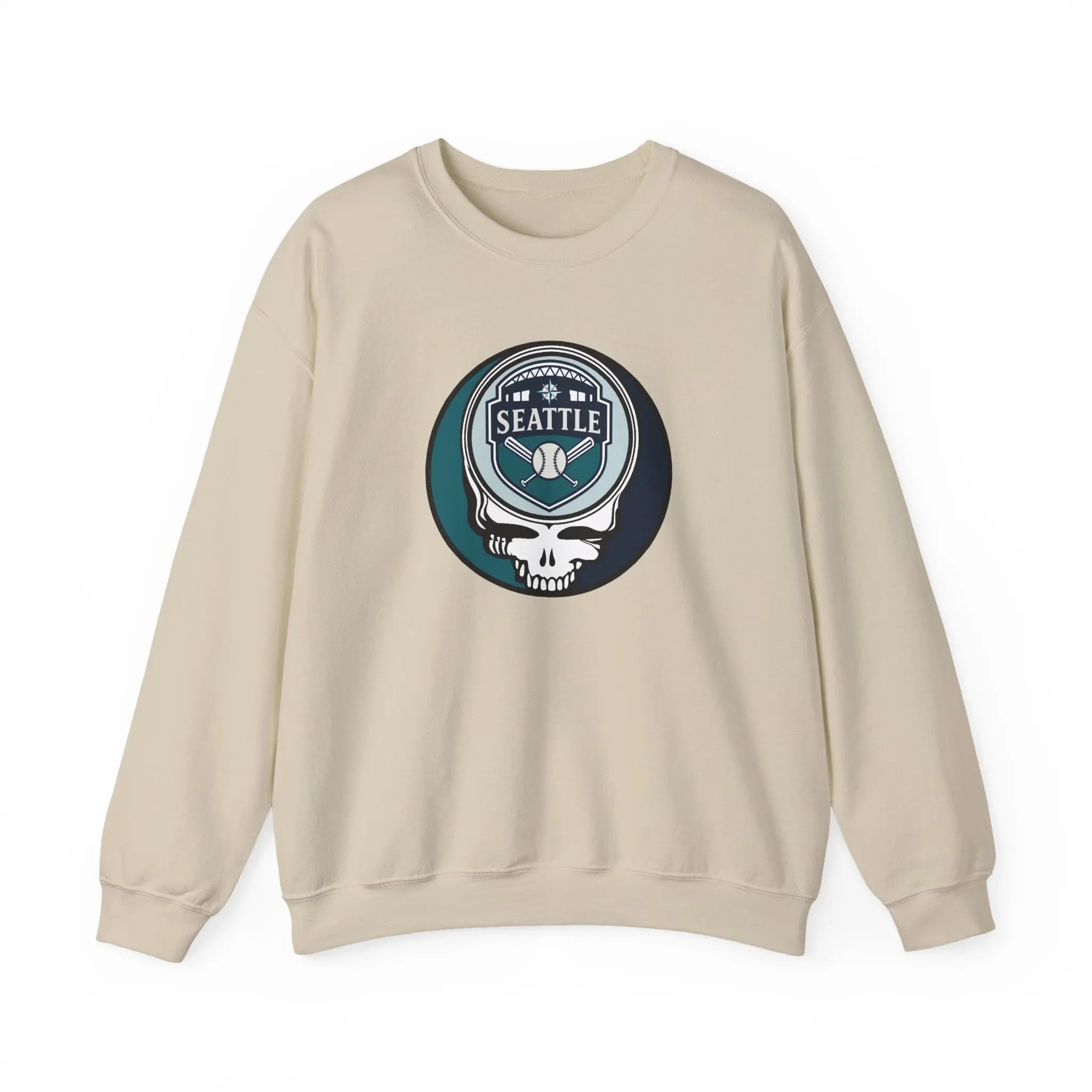 Light sand crewneck sweatshirt with Seattle Mariners crest skull graphic