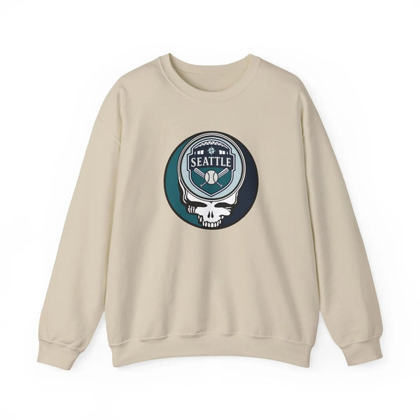 Light sand crewneck sweatshirt with Seattle Mariners crest skull graphic