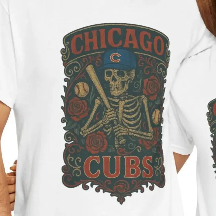 White crewneck T-shirt with Chicago Cubs ornate crest skeleton graphic