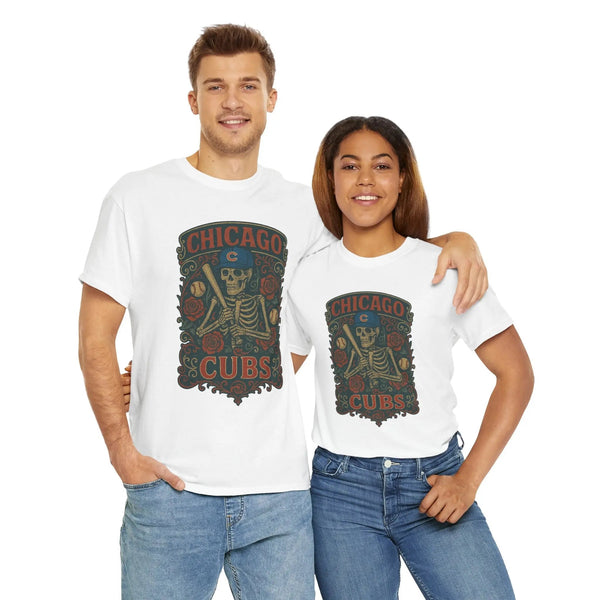 White crewneck T-shirt with Chicago Cubs crest skeleton graphic, worn by two models