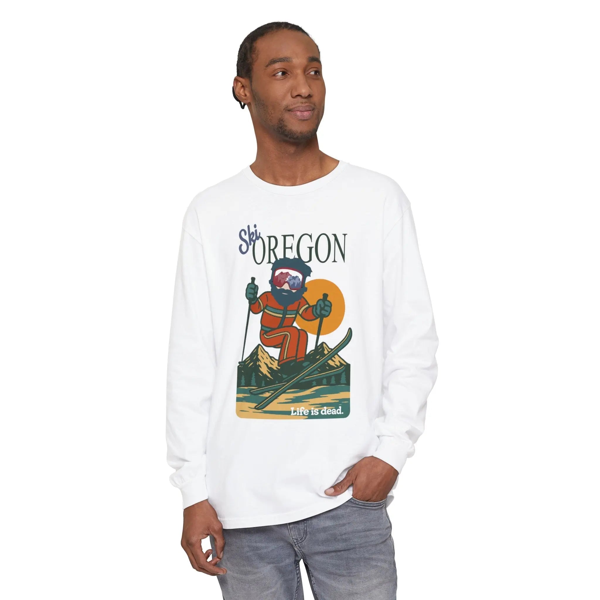 White long-sleeve T-shirt with Ski Oregon graphic print on chest