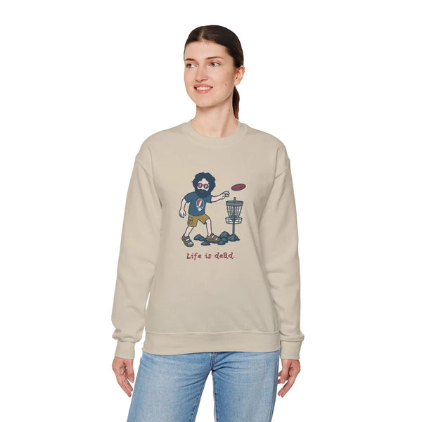 Sand crewneck sweatshirt with cartoon disc-golf graphic on chest
