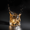 Amber liquor splashing into a faceted crystal whiskey glass