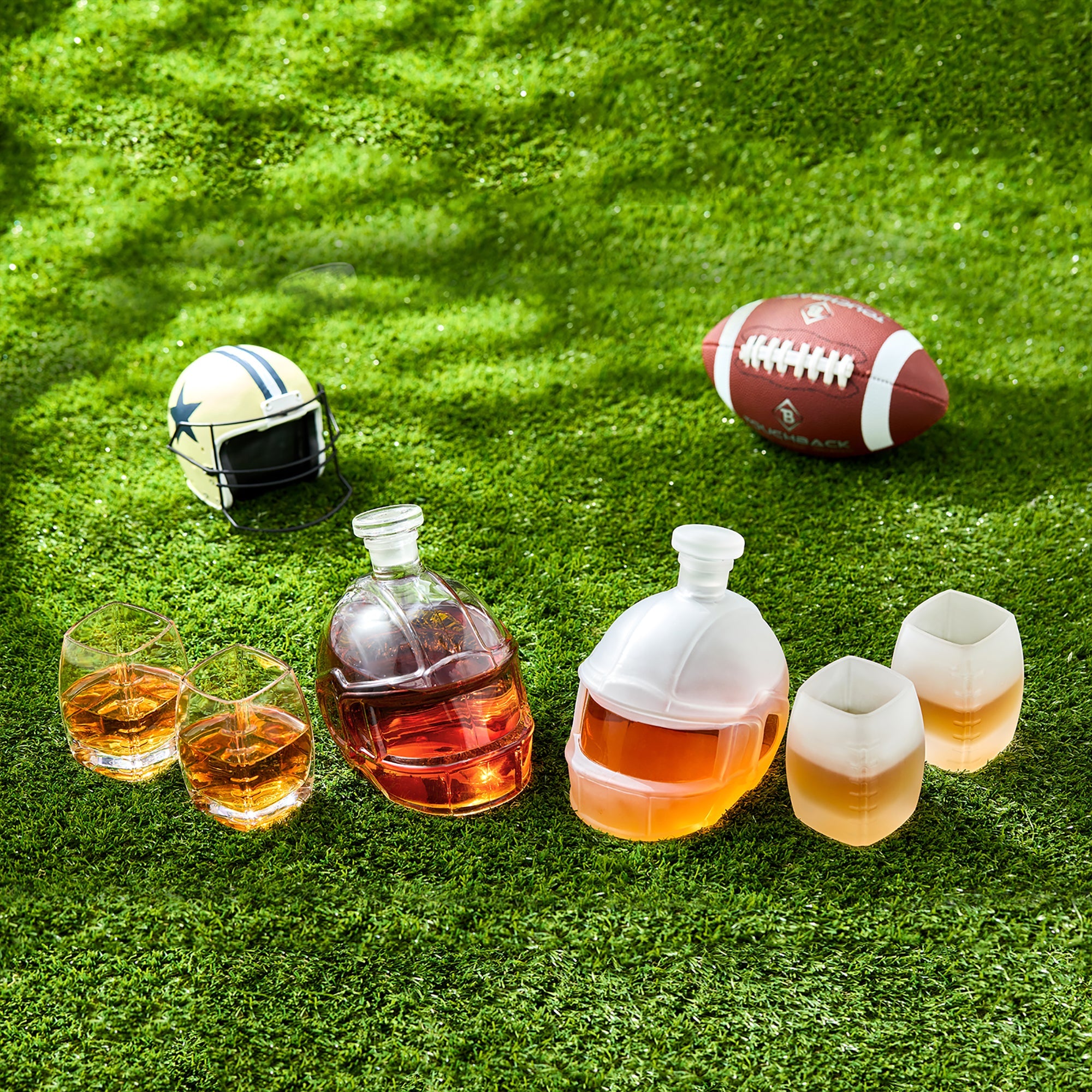 Football-shaped whiskey decanter set with mini tumblers