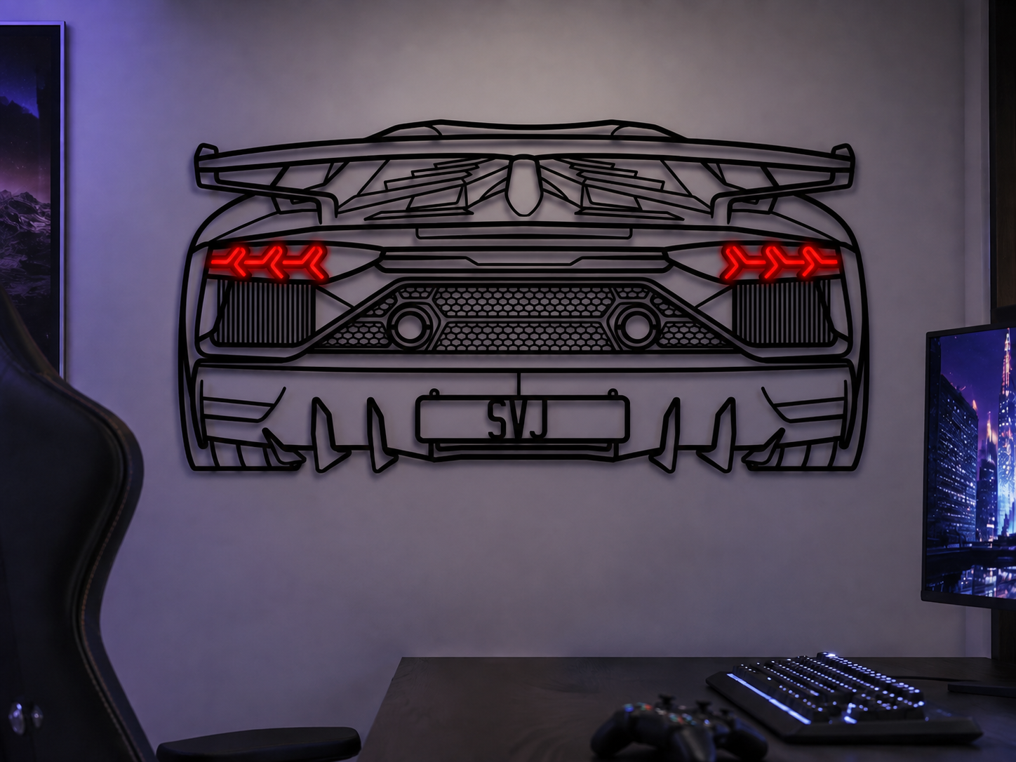 Metal neon car wall art showing a front-style design with red LED accents and SVJ plate