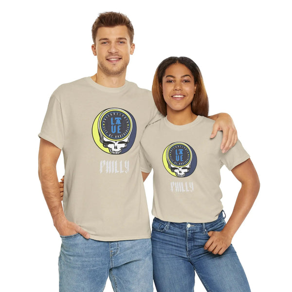 Light tan Stealie logo T-shirt with circular skull graphic and “Philly” text on chest
