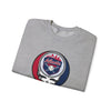 Sport gray crewneck sweatshirt, angled view, with circular Atlanta logo skull graphic