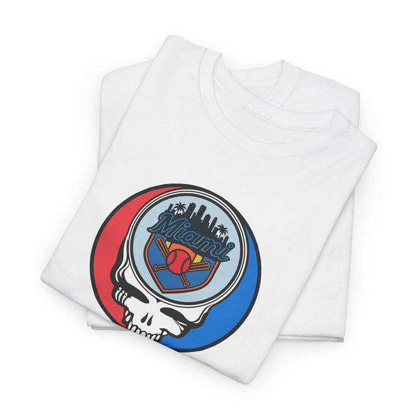 White crewneck graphic T-shirt with circular skull logo on the chest