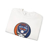 White crewneck sweatshirt with circular New York graphic logo, folded front.
