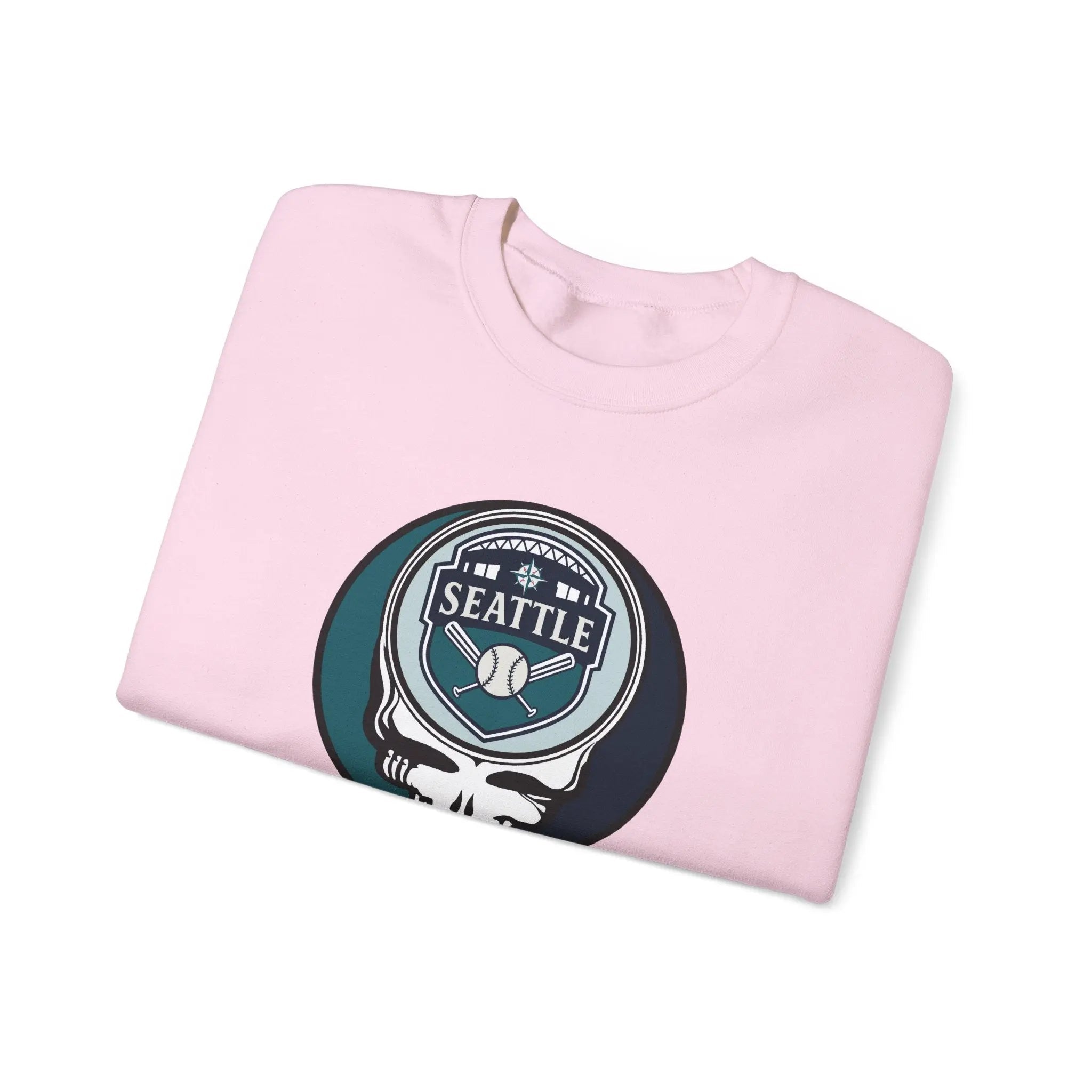 Light pink crewneck sweatshirt with Seattle Mariners Stealie logo front print