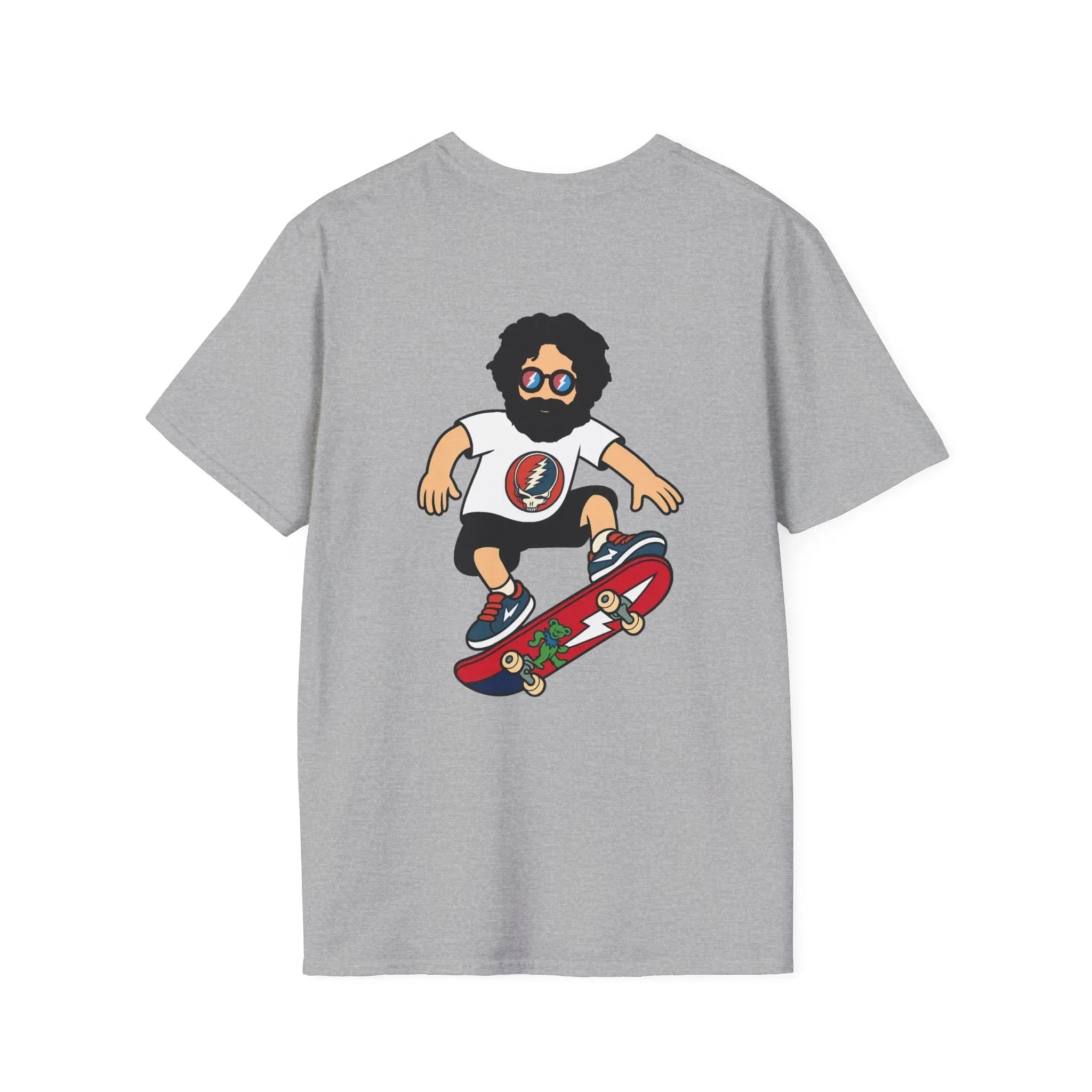 Two-sided print T-shirt in heather gray with skateboard character graphic on front