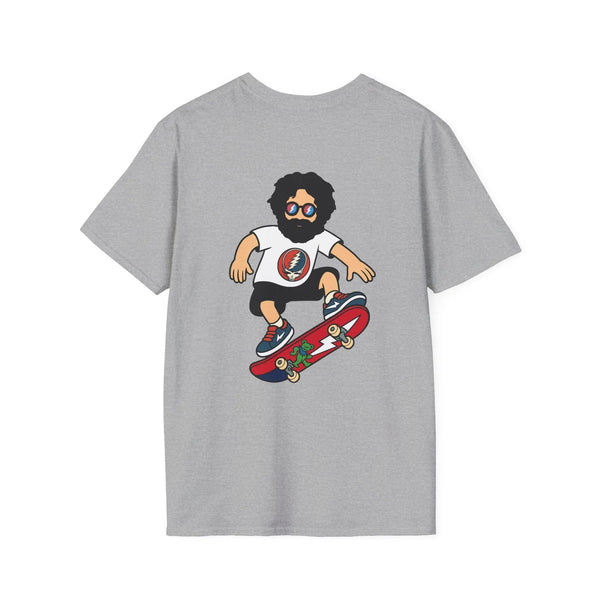 Two-sided print T-shirt in heather gray with skateboard character graphic on front