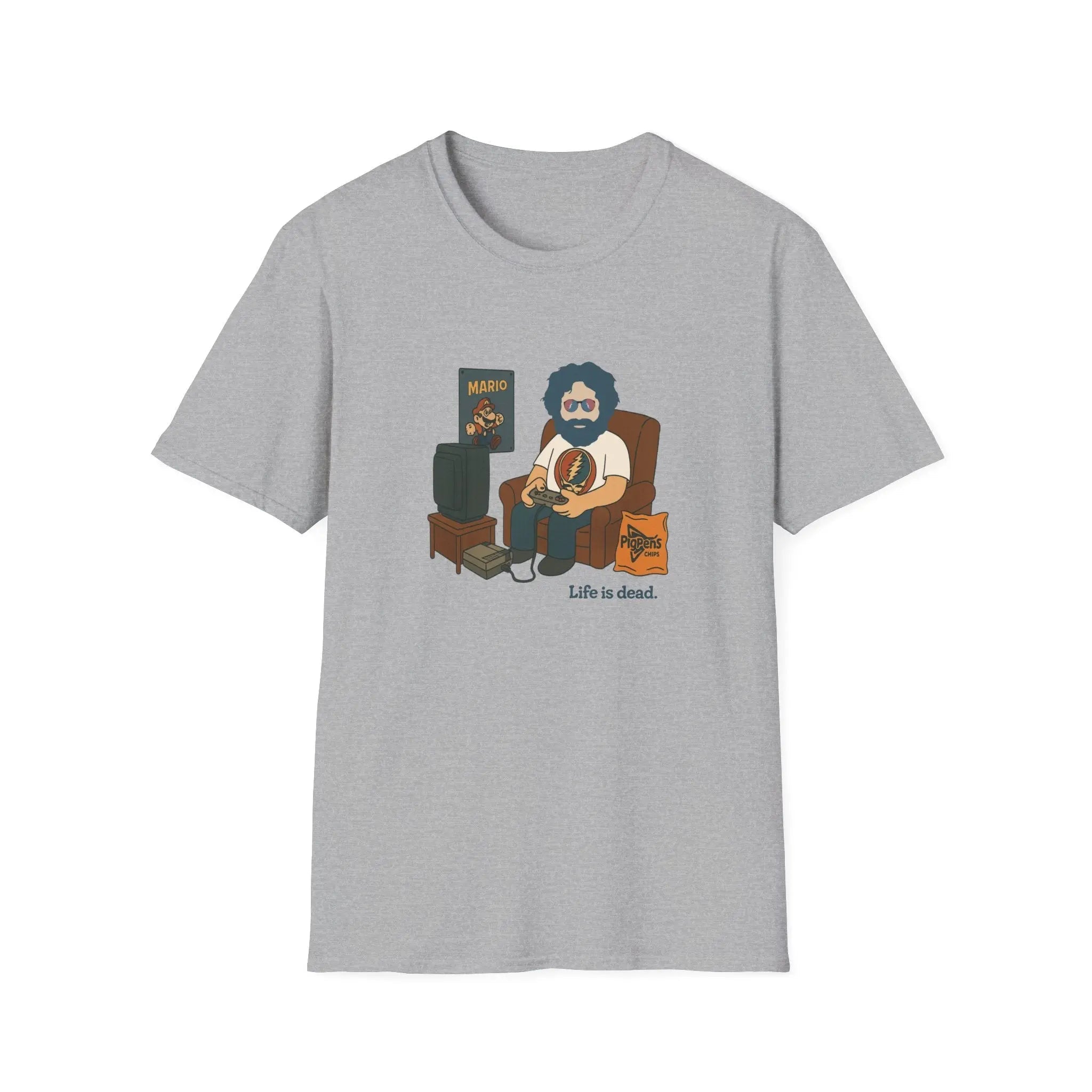 Heather gray crew-neck graphic T-shirt with front cartoon character print