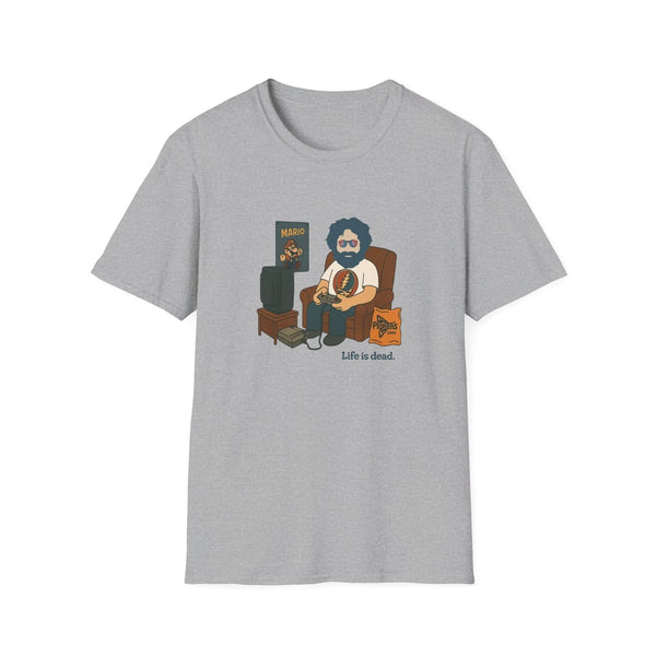 Heather gray crew-neck graphic T-shirt with front cartoon character print
