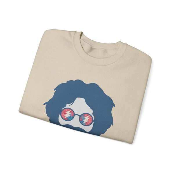Sand folded crewneck sweatshirt with blue face graphic and sunglasses print