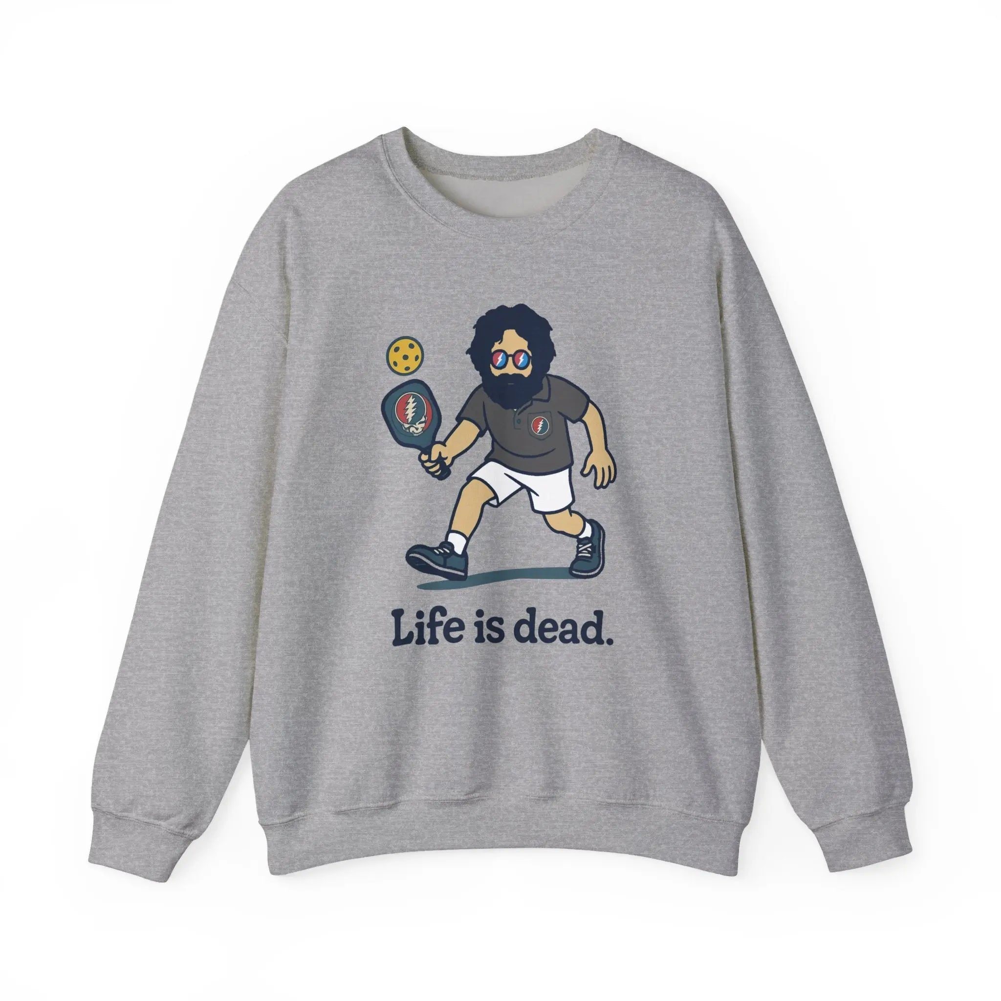 Heather gray crewneck sweatshirt laid flat, featuring cartoon graphic and 