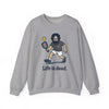 Heather gray crewneck sweatshirt laid flat, featuring cartoon graphic and "Life is dead"