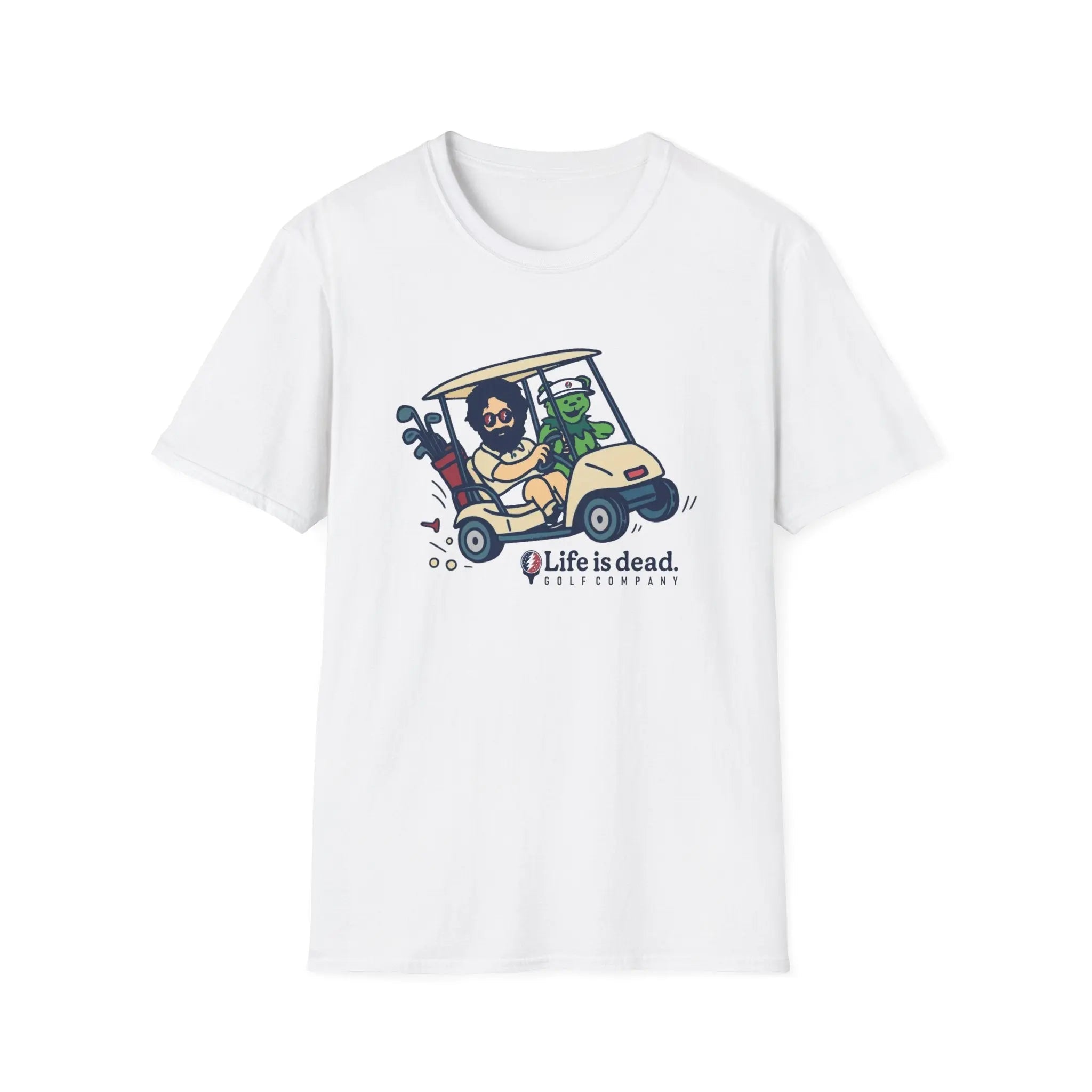 White graphic T-shirt with golf-cart cartoon “Life is dead” logo on chest