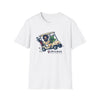 White graphic T-shirt with golf-cart cartoon “Life is dead” logo on chest