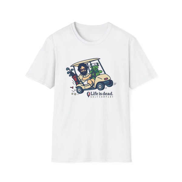 White graphic T-shirt with golf-cart cartoon “Life is dead” logo on chest