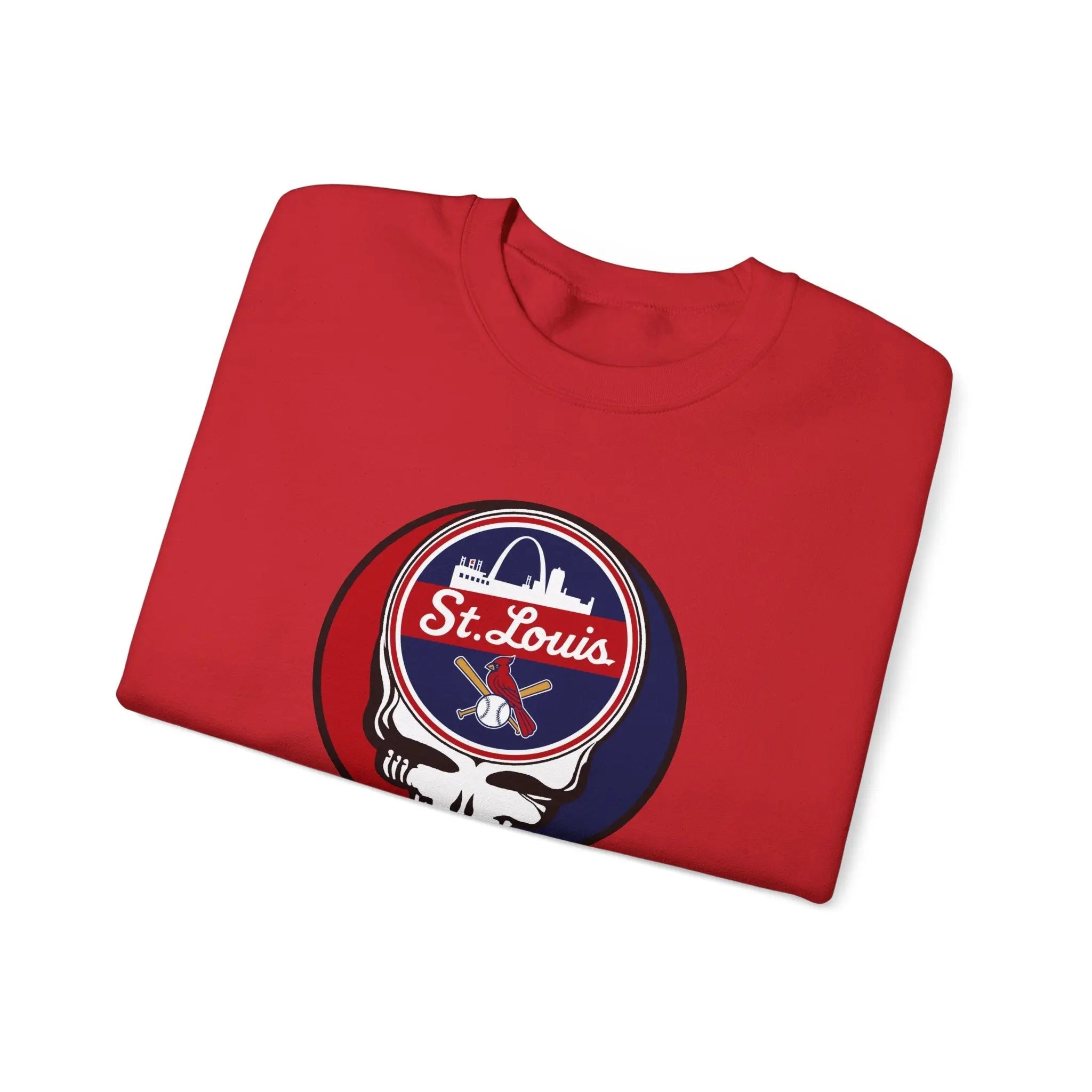 Red crewneck sweatshirt with St. Louis Stealie-style logo graphic