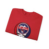 Red crewneck sweatshirt with St. Louis Stealie-style logo graphic