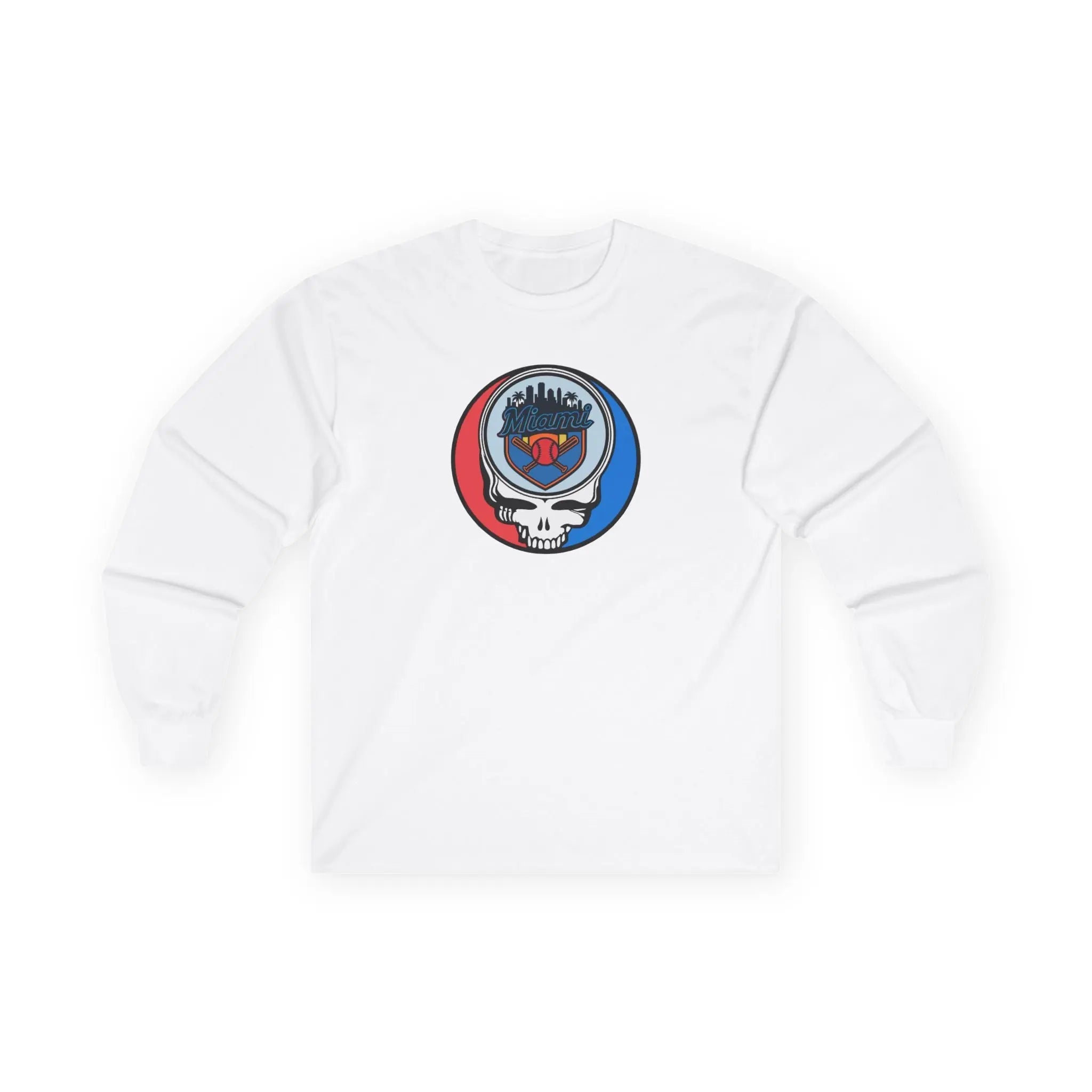 White long-sleeve T-shirt with front-center circular team Stealie logo graphic