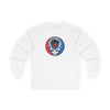 White long-sleeve T-shirt with front-center circular team Stealie logo graphic
