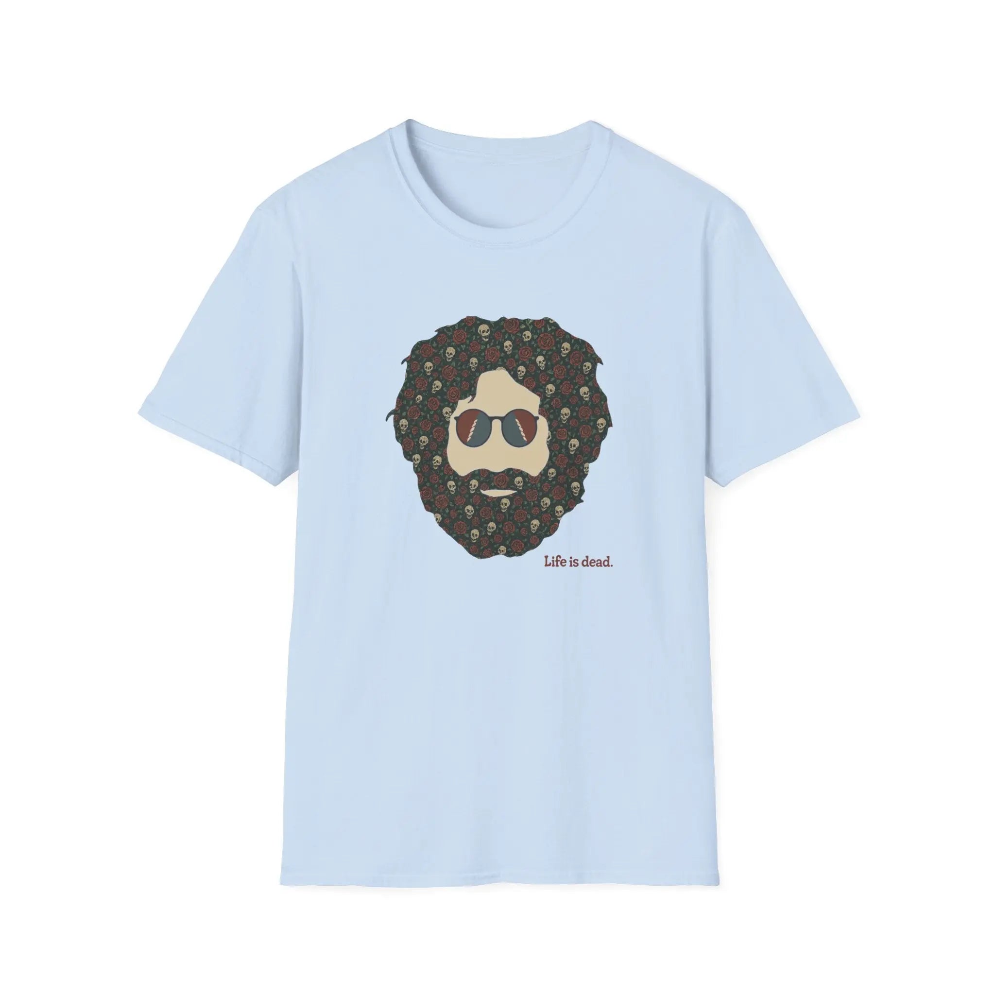 Light blue crewneck T-shirt with bearded skull graphic front print