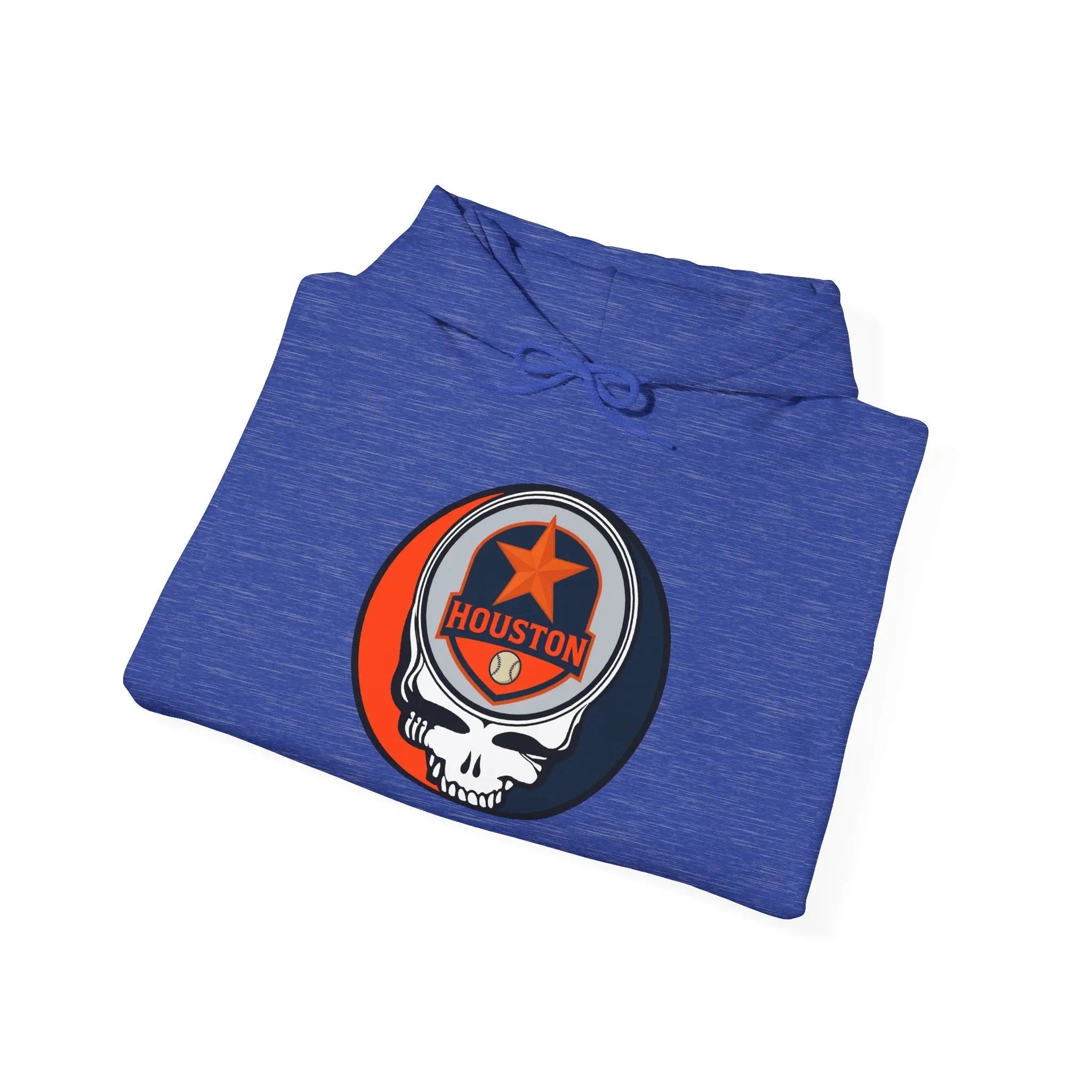 Blue heather pullover hoodie with Houston logo patch on chest
