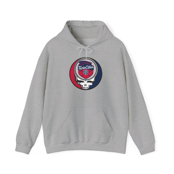 Heather gray pullover hoodie with hood, drawstring, front pocket, Twin Cities logo