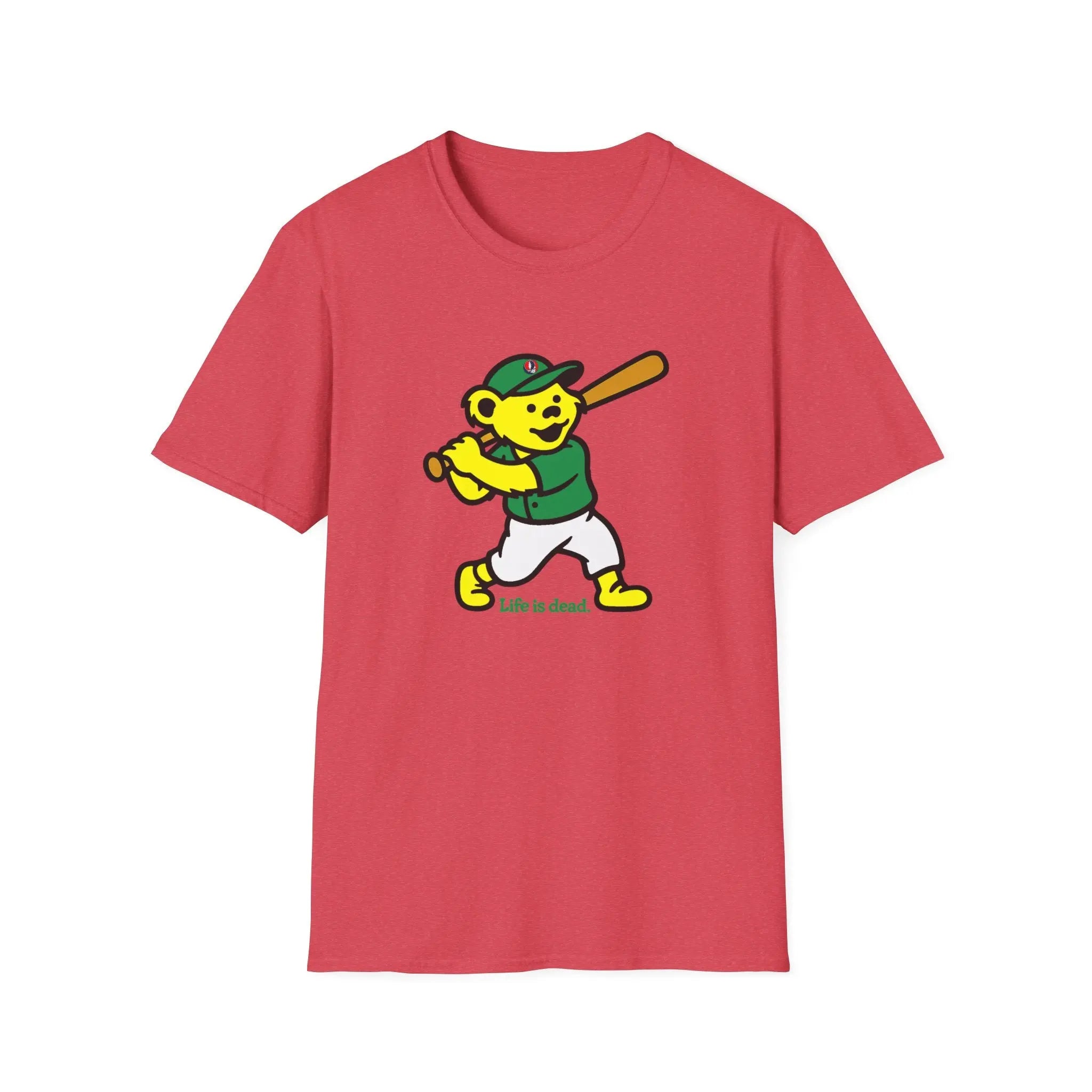 Red T-shirt with dancing bear graphic and text 