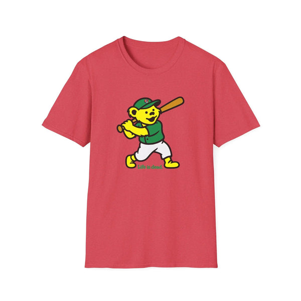 Red T-shirt with dancing bear graphic and text "Life is dead" on front
