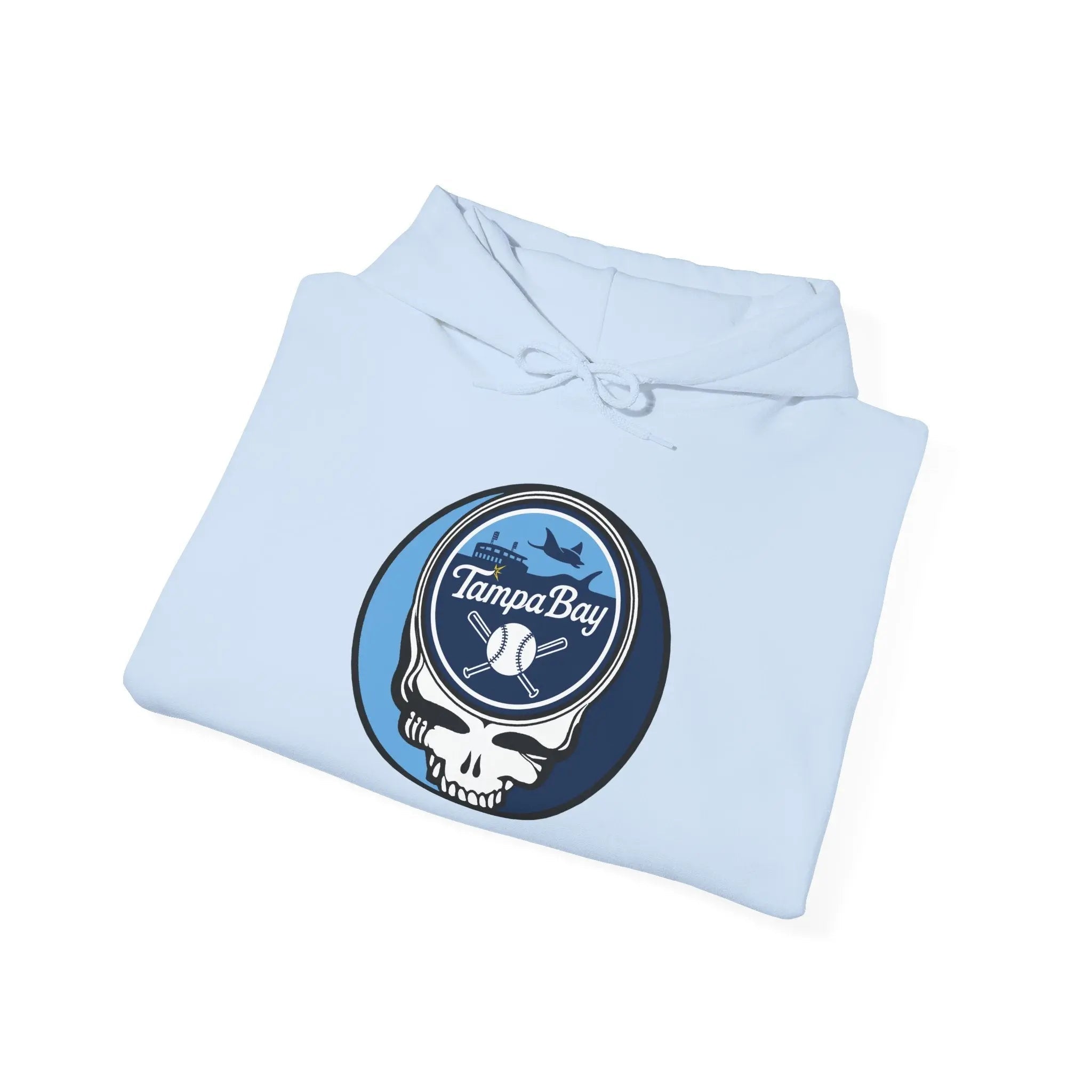 Light blue Tampa Bay Rays hoodie folded with drawstring hood and round team logo graphic