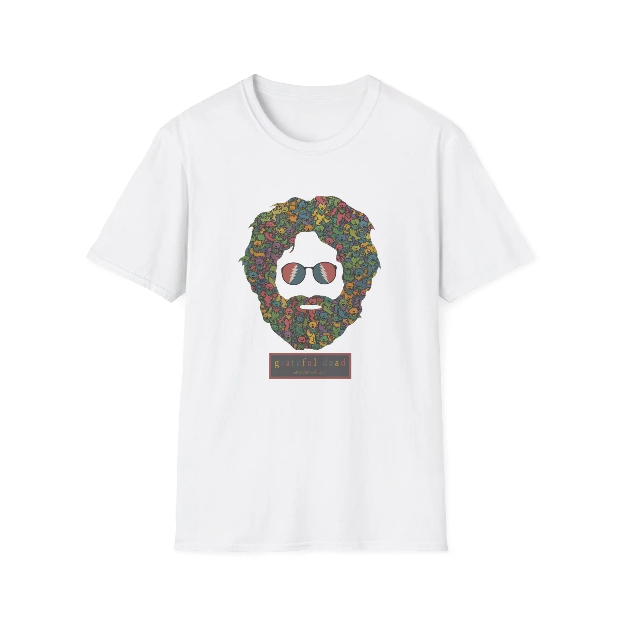 White T-shirt with colorful dancing bears face graphic on the chest.