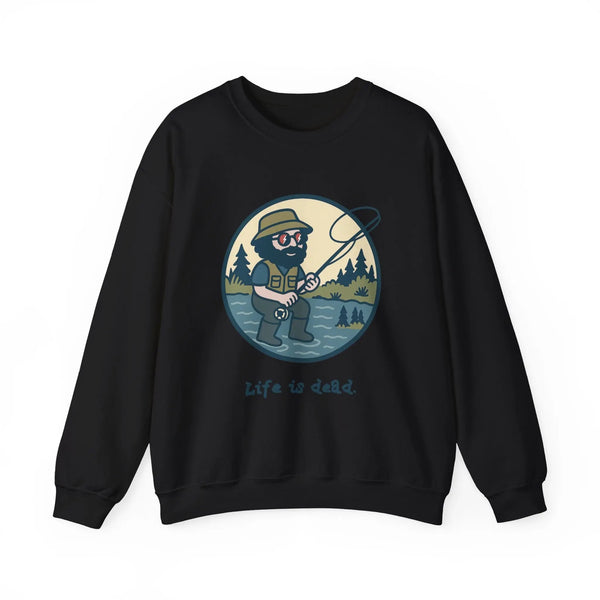 Black crewneck sweatshirt with round fishing graphic and 'Life is dead.'