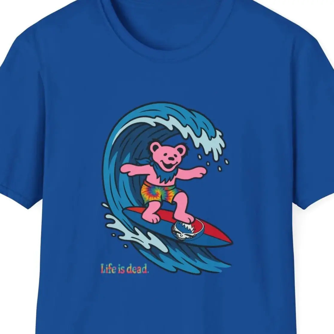 Royal blue T-shirt with pink bear surfing wave graphic and “Life is dead” text